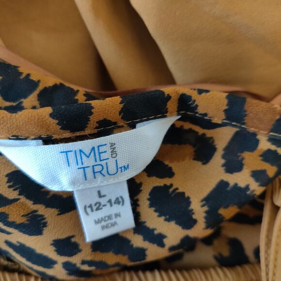 Time And Tru LEOPARD Babydoll SMOCK Dress BOHO Hippie Peasant Animal Sz L 12-14 - Picture 15 of 15